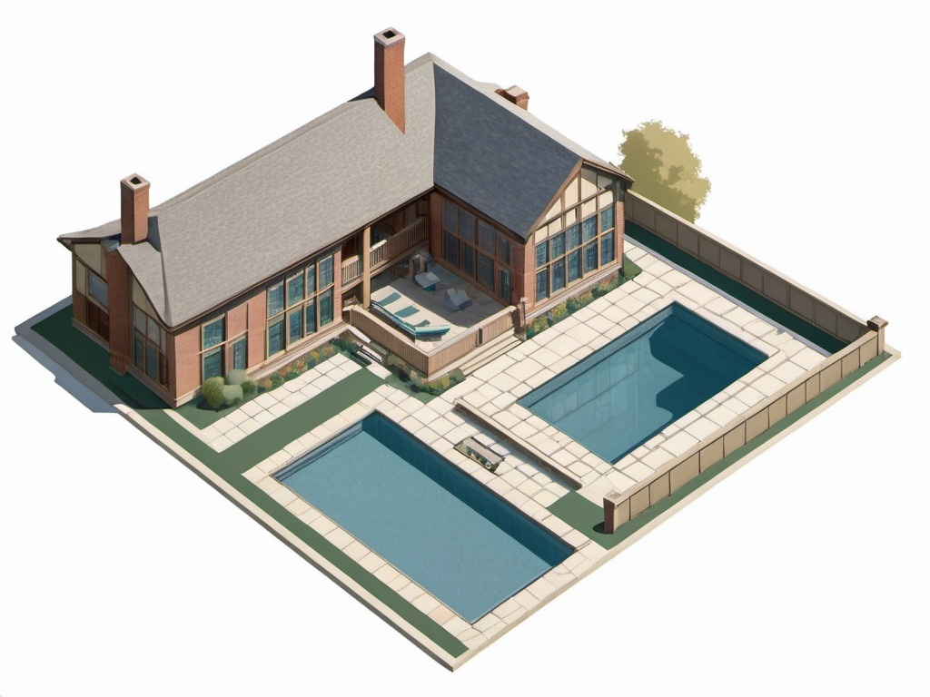 Prompt: a floor plan of a house with a pool and a large pool area in the middle of the house, Arlington Nelson Lindenmuth, arts and crafts movement, isometric view, a digital rendering