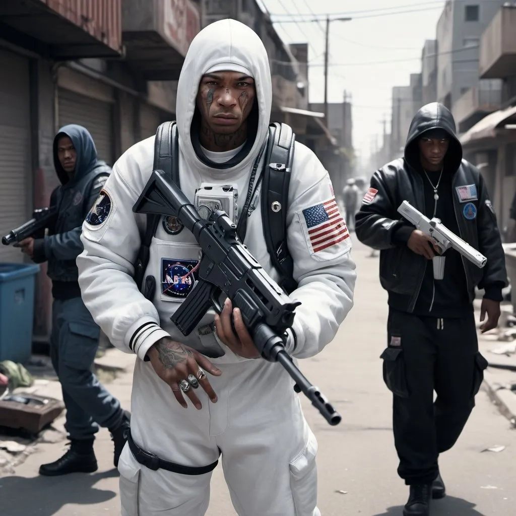 Prompt: Astronaut gangster with gun, futuristic street setting, gang members, highres, ultra-detailed, sci-fi, urban, futuristic, astronaut, gangster, street, gun, gang, slums, the hood, durag, crips, bloods, criminal, black