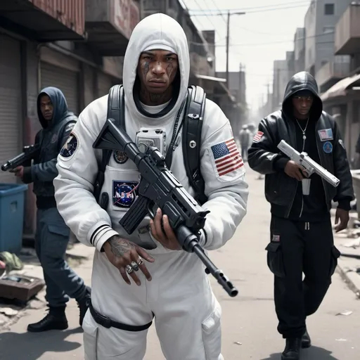 Prompt: Astronaut gangster with gun, futuristic street setting, gang members, highres, ultra-detailed, sci-fi, urban, futuristic, astronaut, gangster, street, gun, gang, slums, the hood, durag, crips, bloods, criminal, black