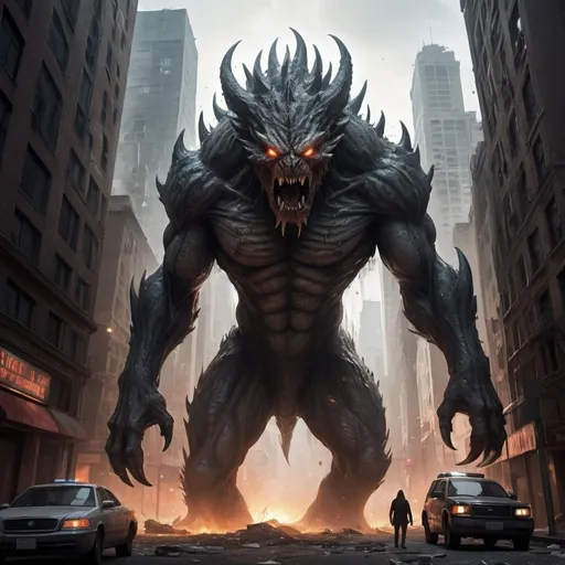 Prompt: Sure! Here’s a description in English:

---

The city-destroying monster, towering and fearsome, emerges from the depths with an aura of devastation. Its massive, scaled body glistens with an otherworldly sheen, while its eyes burn with a malevolent glow. The creature's colossal limbs crush anything in their path, and its roar reverberates through the streets, shattering glass and instilling terror. Armed with sharp, jagged claws and a tail capable of demolishing entire buildings, it moves with a frightening, relentless power. As it advances, the city crumbles under its might, leaving only ruin in its wake.
