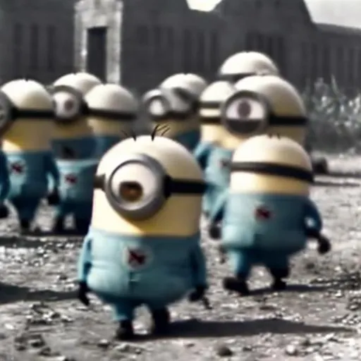 Prompt: WW2 footage of minions in a battle