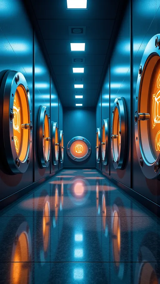 Prompt: For a Vault-Themed Museum Atmosphere:

Imagine stepping into a grand, secure underground vault designed as a museum. The walls are made of polished steel or stone, giving off a solid, impenetrable feel, with massive, riveted metal panels resembling those of a bank vault. Each NFT vault image (Common to Legendary) is displayed in a framed glass case embedded into the walls, surrounded by reinforced metallic frames.

Soft, cool lighting illuminates the room from concealed sources, with a faint bluish hue reflecting off the metallic surfaces, creating an atmosphere of security and exclusivity. The floor is a dark, polished granite, reflecting the glowing vault displays and enhancing the sense of depth.

Each vault image display is equipped with a small plaque or digital readout directly beneath it, detailing its rarity, ID, and AP. Alongside the plaques, small mechanical accents, such as spinning combination locks or glowing keypads, add to the secure, high-tech aesthetic.

To enhance the "vault" theme, massive circular safe doors could line the walls or serve as entrances to different sections of the museum, each leading to rarer vault displays as visitors progress through the space. This environment perfectly blends the exclusivity of NFTs with the impenetrable feel of a legendary vault.

