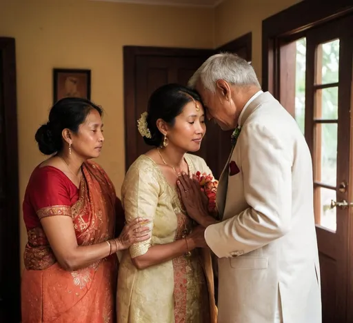 Prompt: In this scene, amidst the flurry of wedding preparations, the groom stands at the heart of his childhood home, surrounded by the warmth of family. His parents' faces obscured in a gentle blur, lean in to press kisses upon his forehead, a timeless gesture of love and blessings. Their touch is a silent symphony, weaving together the threads of tradition and devotion.

As the artist, captures the essence of this fleeting moment—the soft glow of familial affection, the whispered wishes carried on a breath, and the unspoken promises that bind generations together. Let the faceless figures speak volumes through their tender embrace, reminding us that amidst life's whirlwind, the love of family remains a steadfast anchor.