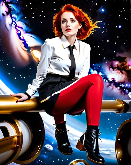 Prompt: woman sitting on a pipe in space, legs in front, low gravity, relieved, serious, looking upside, red hair behind, white greek styled shirt, coat which is black and a few gold, gloomy milky way, HDR, UHD, 64K, professional photograph