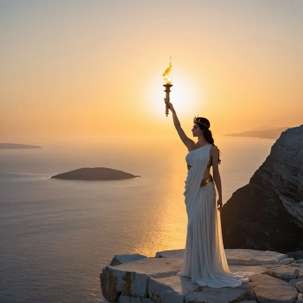 Prompt: Liberty stands on a cracked stone block overlooking an ocean sunrise. In her right hand is a Greek torch held high over her head. Pale skin and dark hair. She wears a plain white translucent gauze toga that tightly clings to her body and on her head sits a tiara. Golden hour