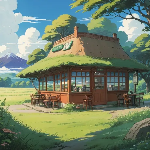 Prompt: Studio ghibli landscape aesthetic coffee shop in middle of grasslands