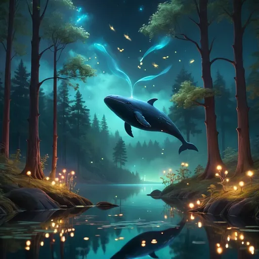 Prompt: Ethereal forest with a lake and a glowing whale fireflies and aesthetic trees at night
