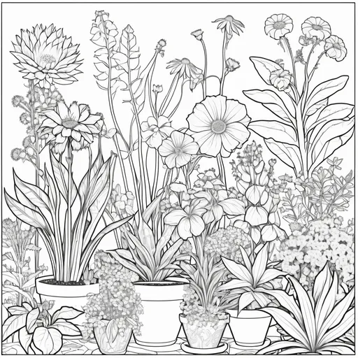 Prompt: B&W coloring book page, multiple plants and flowers