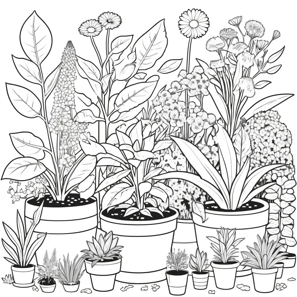 Prompt: B&W coloring book page, multiple plants and flowers