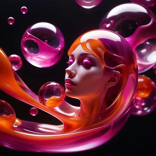 Prompt: Abstract glossy, fluid-like transparent structures and spheres transparent magenta orange, molten glass in mid-air, dynamic, dark backdrop, woman of glas