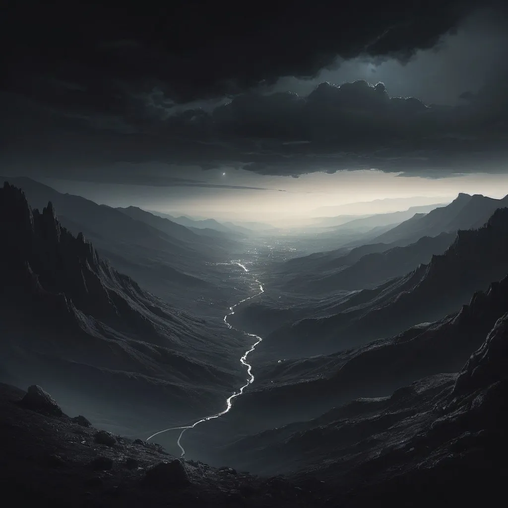 Prompt: imagine a distant valley amidst a dark atmosphere