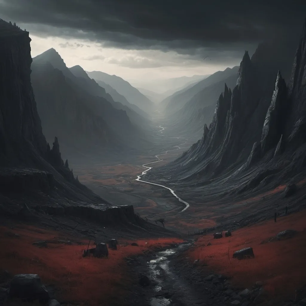 Prompt: imagine a distant valley amidst a macabre atmosphere