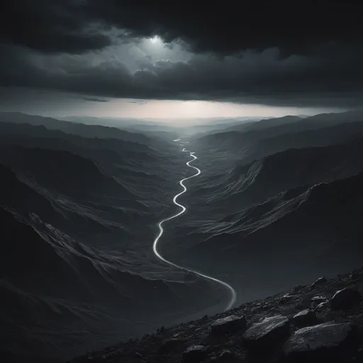 Prompt: imagine a distant valley amidst a dark atmosphere