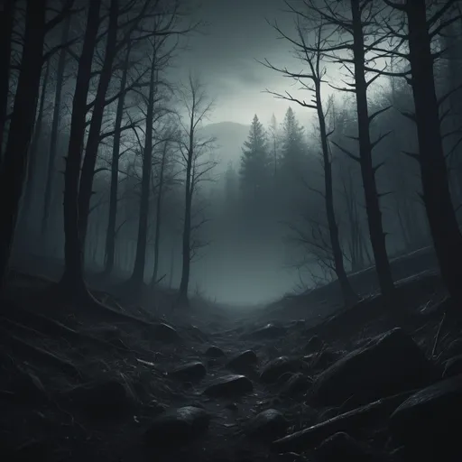 Prompt: A distant valley with a dark forest amidst a macabre atmosphere. Analog horror.