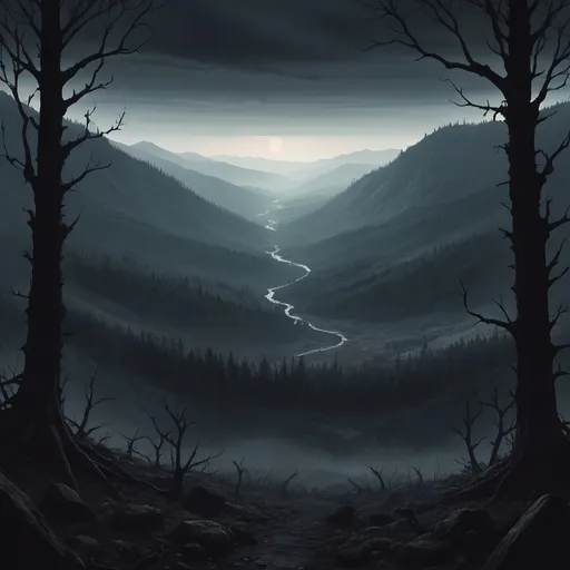 Prompt: A distant valley with a dark forest amidst a macabre atmosphere