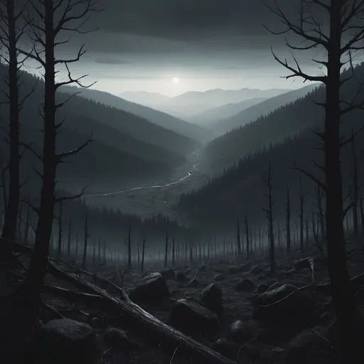 Prompt: A distant valley with a dark forest amidst a macabre atmosphere. Analog horror.