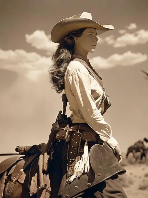 Prompt: A female cowgirl about to go to a gunfight at the ok corral in the old American west 