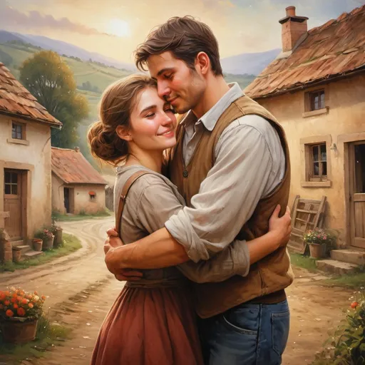 Prompt: Romantic, heartwarming embrace of a 30-year-old man hugging a 26-year-old woman in a rural village, everlasting love, book cover, oil painting, detailed expressions, warm and cozy atmosphere, soft natural lighting, high quality, emotional, romantic, detailed faces, rustic charm, countryside setting, loving embrace, professional, heartwarming