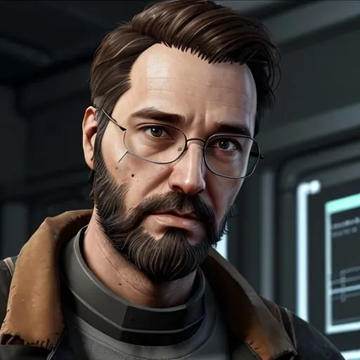 Prompt: Male scientist in the half life universe with brown hair and a scruffy beard, he is also wearing glasses