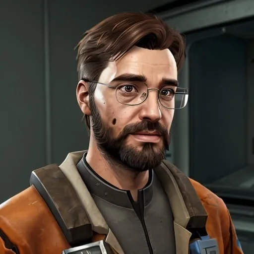 Prompt: Male scientist in the half life universe with brown hair and a scruffy beard, he is also wearing glasses