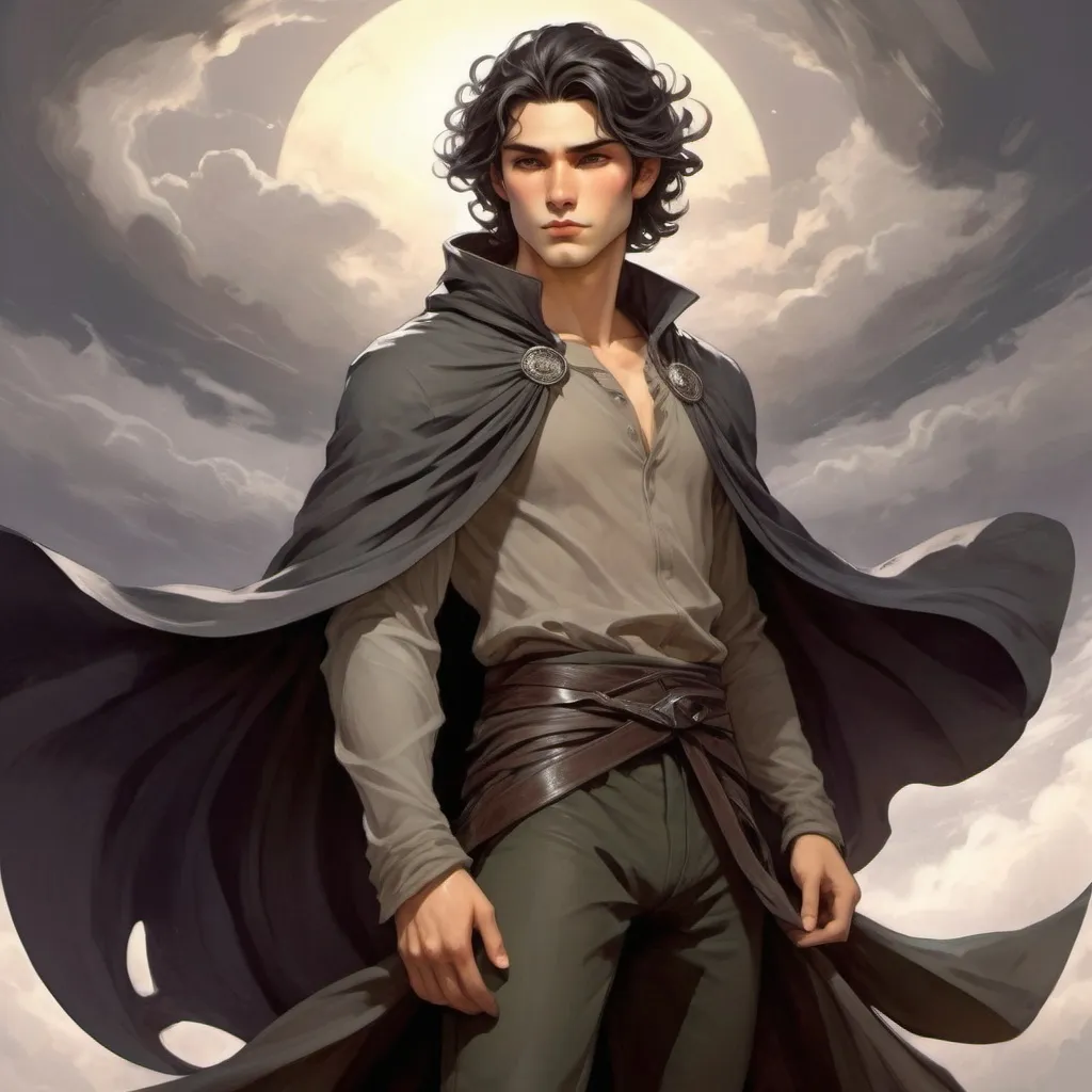 Prompt: Age: 23
Height: 6'2"
Build: Athletic and toned, reflecting both agility and strength.
  Hair: Dark, almost black hair that falls in tousled waves to his shoulders, often pushed back or tied in a loose ponytail.
Eyes: Striking deep gray, resembling storm clouds, often reflecting a mix of intensity and melancholy. They seem to hold a glimmer of light even in darkness.
Skin Tone: Olive
Facial Features: Strong jawline with high cheekbones, giving him a regal yet brooding appearance. He has a faint scar above his left eyebrow, a reminder of past battles.
Clothing Style: Typically wears a blend of practical and mystical attire. His usual outfit consists of a fitted dark tunic, durable pants, and sturdy boots. Over this, he dons a long, flowing cloak that seems to absorb light, enhancing his connection to darkness.
Aura: Kael has an ethereal presence; shadows seem to dance around him, especially in dim light, creating an aura of mystery and power.