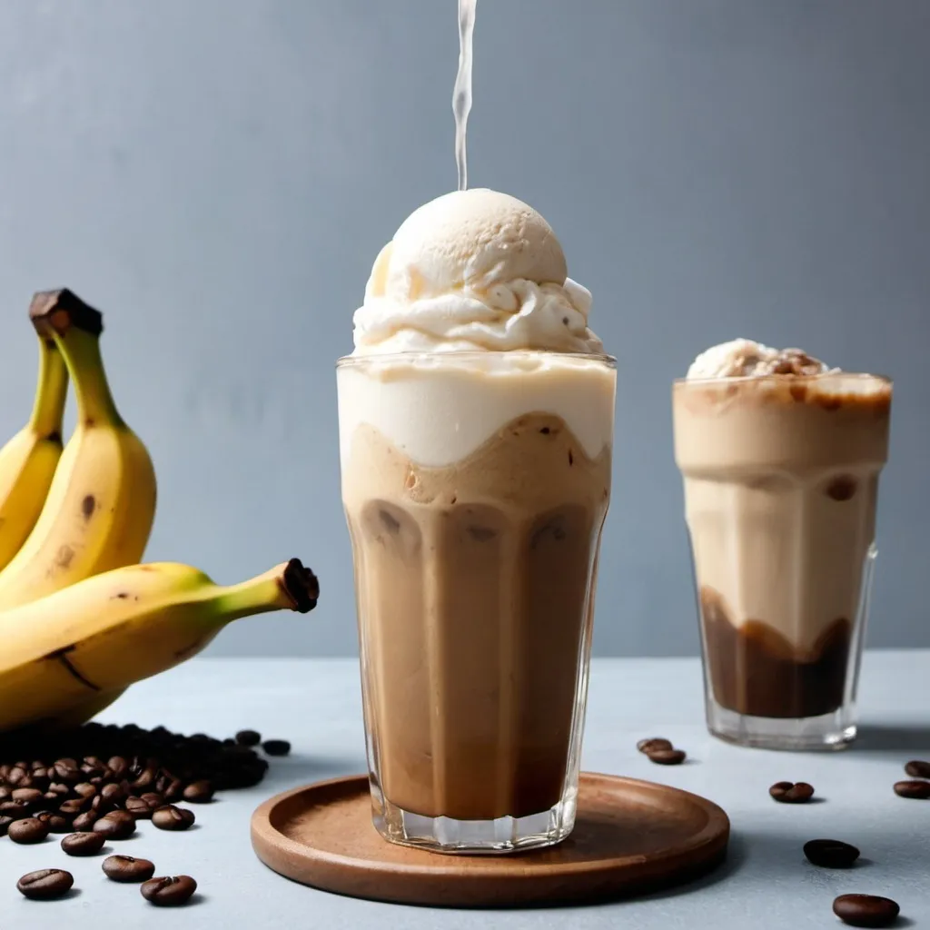 Prompt: This video is a coffee-based cold drink that we combine with banana, ice cream and milk We pour coffee with water and ice, then pour ingredients on it for summer