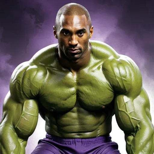 Prompt: "Generate an image of Kobe Bryant, the basketball player, depicted as Hulk from Marvel Comics. Kobe Bryant should have Hulk's green skin, muscular physique, and be wearing Hulk's torn purple pants. The scene should convey Kobe Bryant's athleticism and intensity, merged with Hulk's powerful appearance."