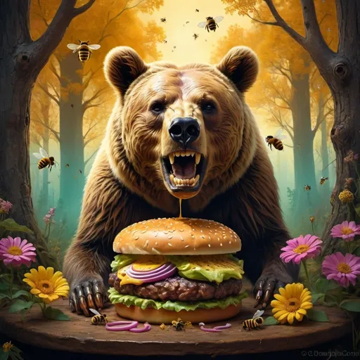 Prompt: MAMA bear with bees cheeseburger skull
