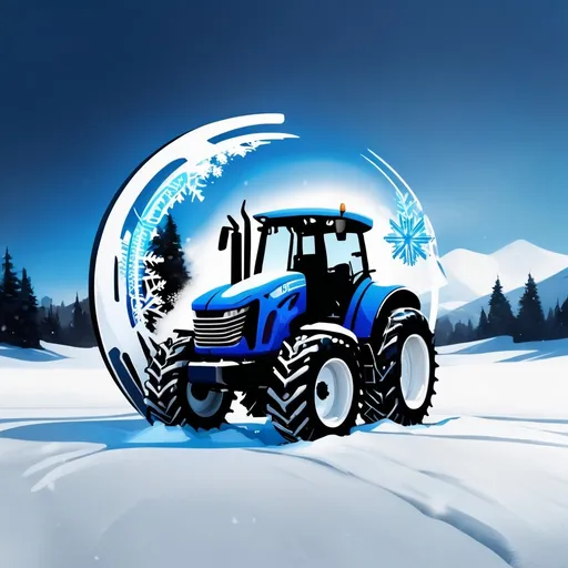 Prompt: Create a circular logo featuring a futuristic tractor with snow removal equipment, incorporating a winter theme with snowflakes, icicles, and a digital motif, using blue, white, and black colors