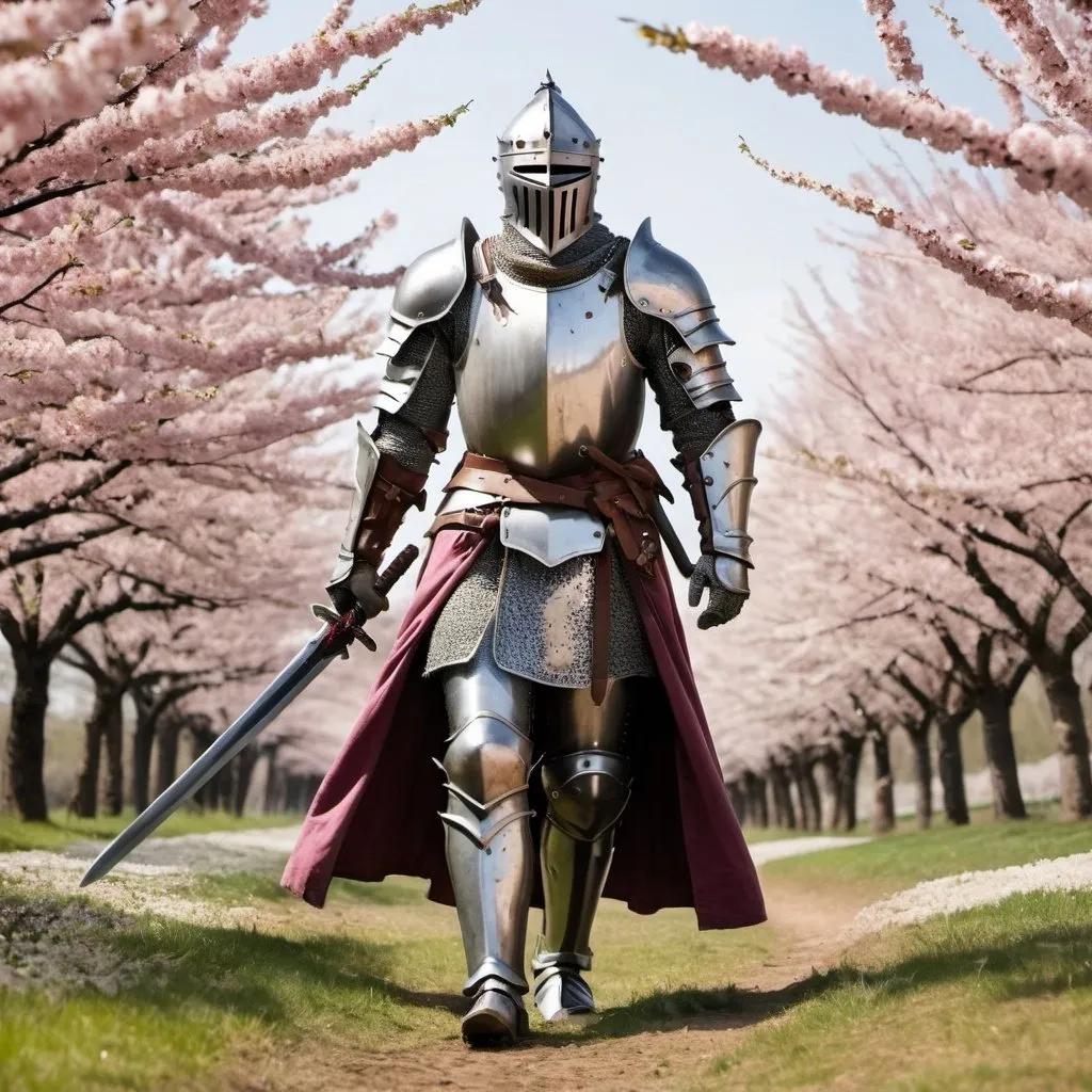 battle torn knight, sword in hand, walking in cherry...