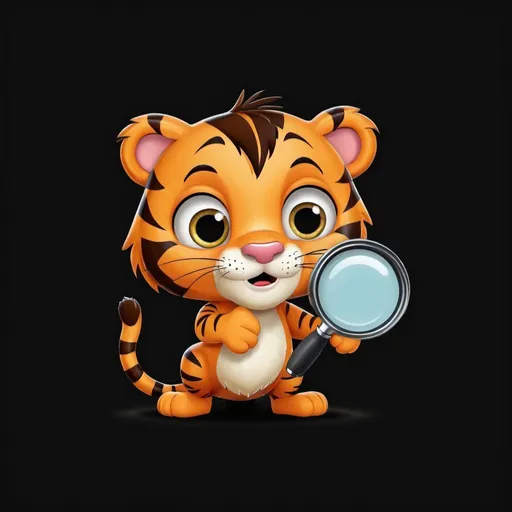 Prompt: a cute 2D animated cartoon tiger, using a magnifying glass, with a completely black background