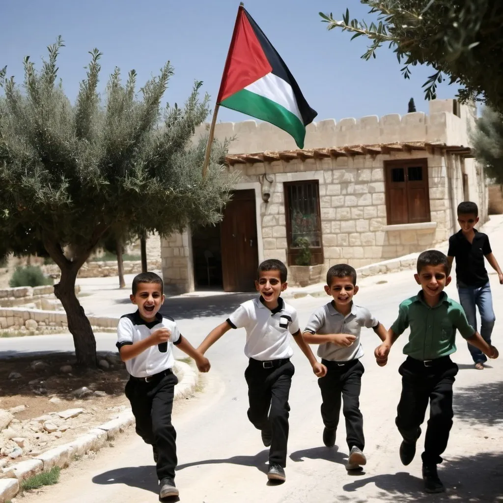 Prompt: well-dressed Palestinian children play freely at a olive garden. There is a Palestinian flag on the back. A ramadan day. 