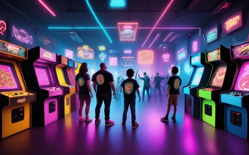 Prompt: 8os theme party with dozens of rowdy kids in a neon-filled arcade with lots of video game cabinets and pizzas