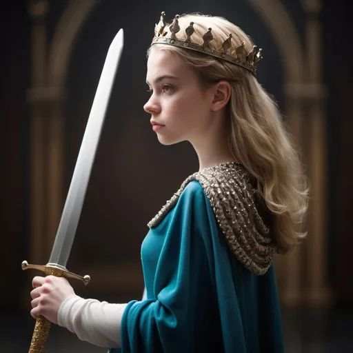 Prompt: young adult queen holding a sword, facing away from camera, close camera shot side profile