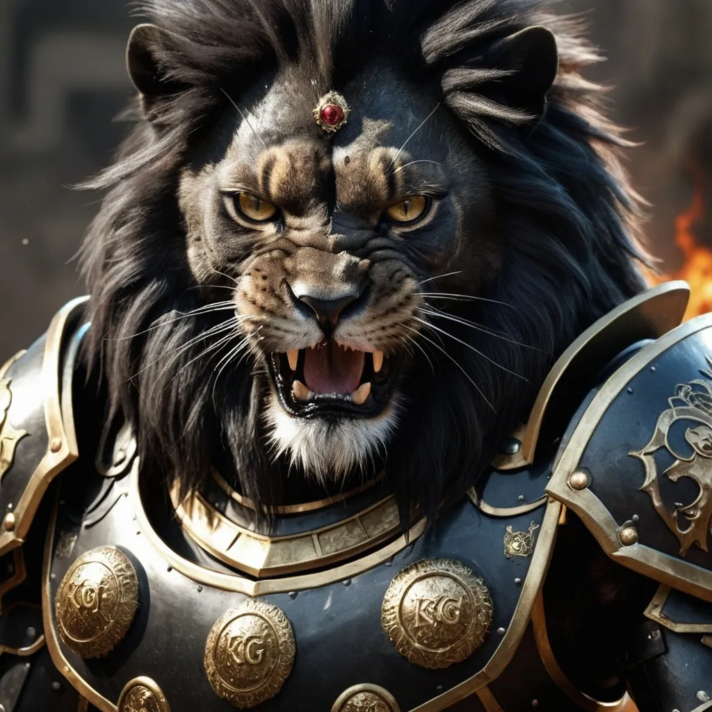 Prompt: realistic angry black lion cat wearing armor with the word KOG inscribe only face NO arms just the face