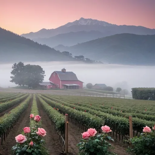 Prompt: Rose farm with endless mountain early morning foggy 