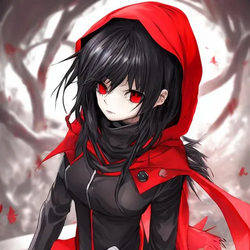 Prompt: Black and red haired anime girl with red scarf and hood, and silver eye's 