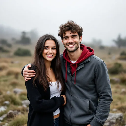 Prompt: Amidst a misty landscape that exudes a calm, serene ambiance, two young adults stand close together, exuding warmth and joy. The girl, dressed in a black cardigan over a white top, smiles softly, holding her arms close to her chest, while her long, dark hair falls gracefully beside her. Beside her, the young man beams widely, wearing a layered outfit that includes a gray jacket with a red hoodie, his arm comfortably around her shoulder. The backdrop features a mix of grassy terrain dotted with rocks and a few scattered trees, while a blurred, overcast sky looms above, hinting at an early morning or late afternoon setting. Their cheerful expressions amidst such a tranquil, natural setting convey a sense of togetherness and shared adventure.