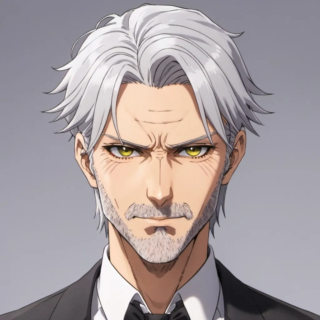 Prompt: anime dilf butler with silver hair stern look with stubble