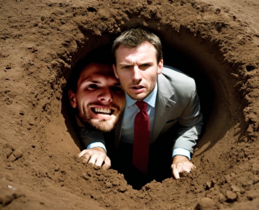 Prompt: Create an image of an executive business man in a hole, stuck continuing to dig himself into a deeper whole. Write a caption along the bottom saying, "if you're in a hole, stop digging"

Use a picture of my face which I am going to provide below.

