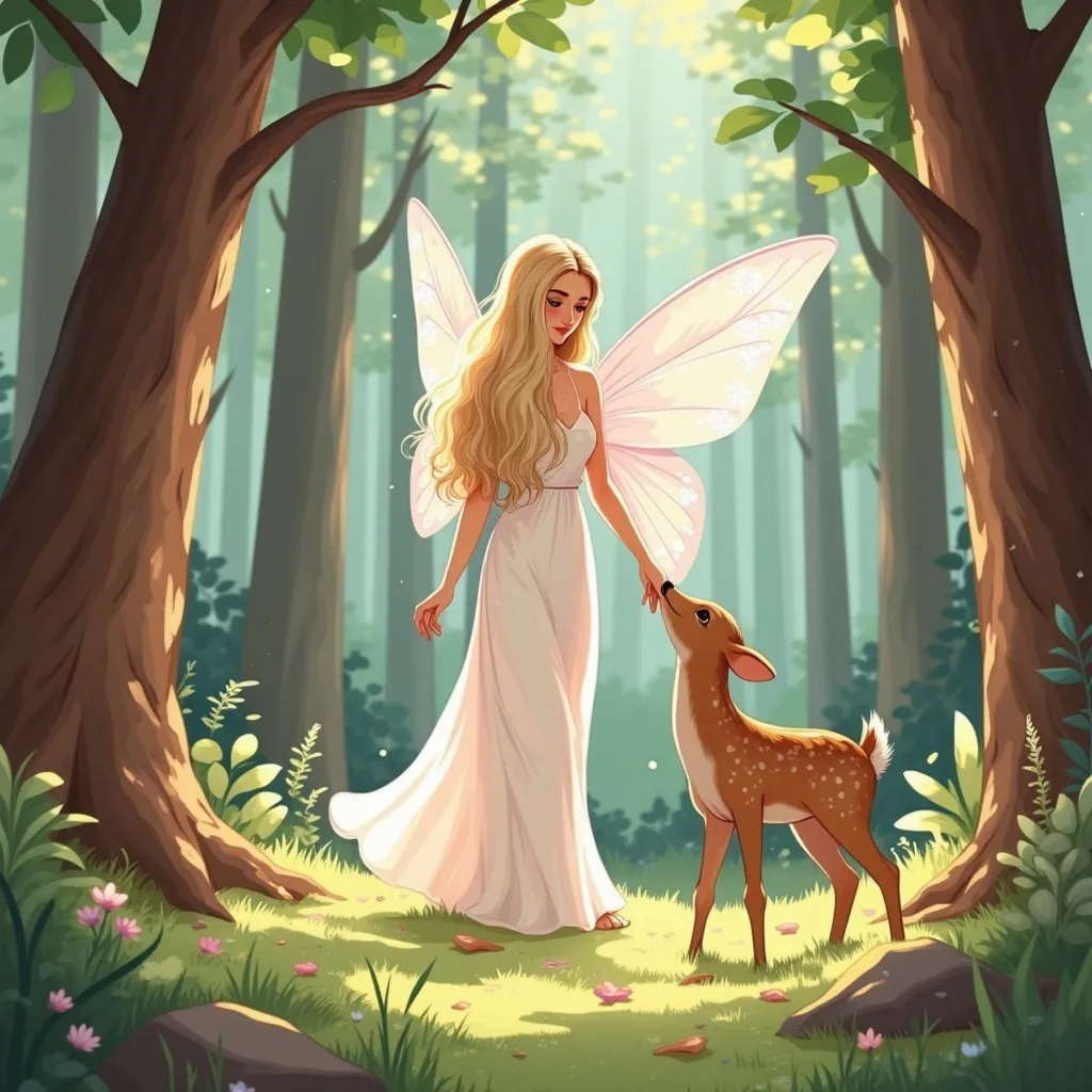 Prompt: Tall adult fairy with long blonde hair and freckles across bridge of nose and cheeks. She has translucent light pink wings and she is wearing a loose white dress. She is walking in the forest and slowly walking towards a baby deer, reaching her hand out towards its nose.