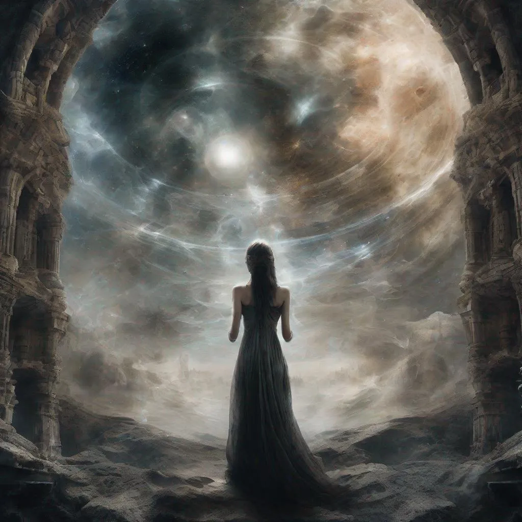 Prompt: A dark fantasy world comes to life in this image, inspired by the works of Luis Royo. A woman with ethereal features stands in front of a double exposure of an Escher-esque nebula, her body partially transparent and blending with the cosmic landscape. In the distance, ancient ruins can be seen, adding to the mysterious and otherworldly atmosphere