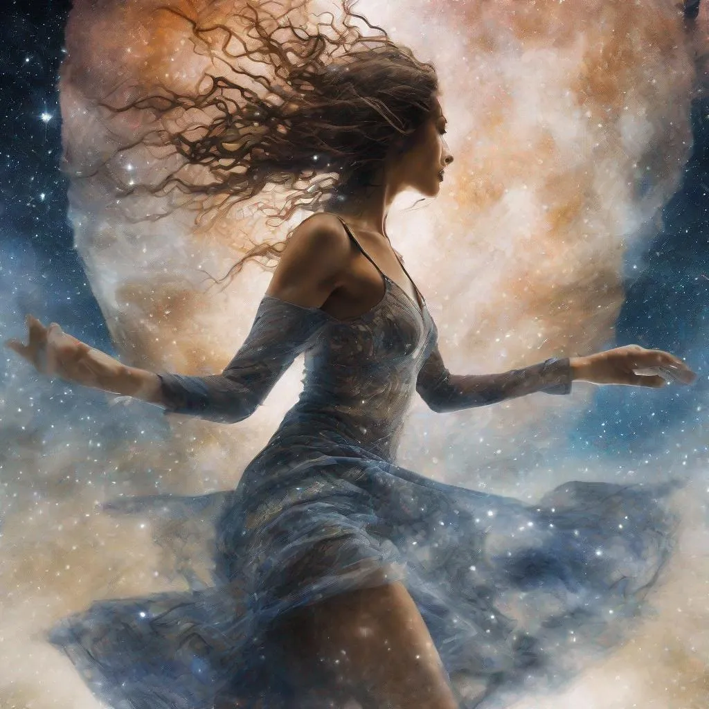 Prompt: "A creative and unique take on the double exposure technique, this prompt features a woman gracefully dancing in front of a stunning nebula, her silhouette taking on the intricate patterns of an Escher drawing. The contrast between the delicate movements and the cosmic chaos is visually striking and captivating by Luis royo Milo Manara watercolor deviantart Dynamic lighting octane render depth of color cinematic, epic digital painting, Intricately Detailed HyperTextured Trending on Artstation art Nouveau wide-angle lens golden ratio