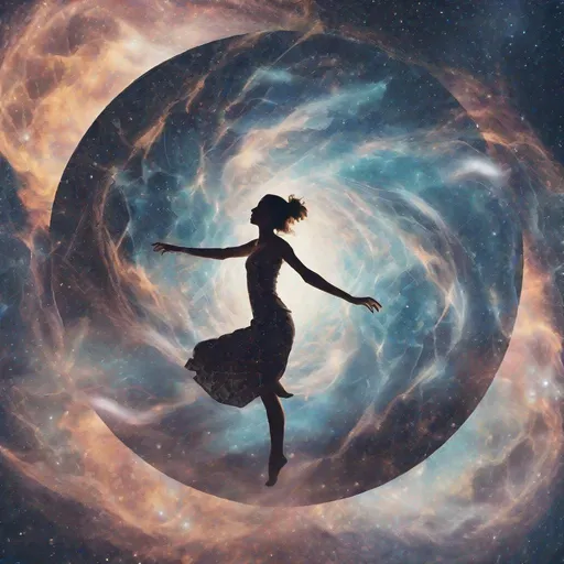 Prompt: A creative and unique take on the double exposure technique, this prompt features a woman gracefully dancing in front of a stunning nebula, her silhouette taking on the intricate patterns of an Escher drawing. The contrast between the delicate movements and the cosmic chaos is visually striking and captivating.