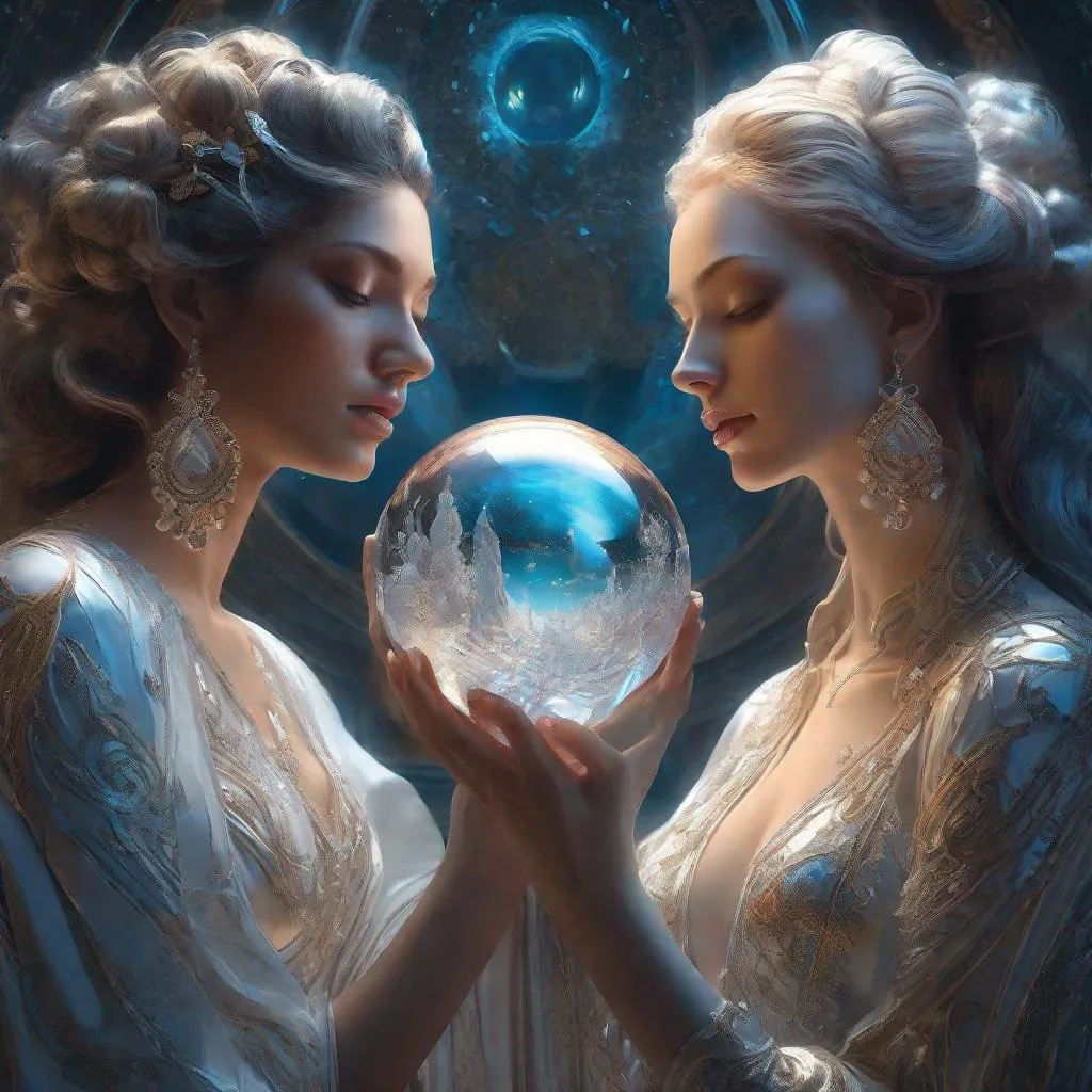 Prompt: Split composition of Two gods holding my life in a crystal ball, a Gorgeous Karol Bak goddess & gloomy Stephen Gammel god holding together a dancing_girl_portrait in crystal_ball, meaningful artwork of " Luck and Doom", dynamic lighting, Unreal engine, oil painting octane render depth of color cinematic, epic, Intricately Detailed HyperTextured splash art, Trending on Artstation