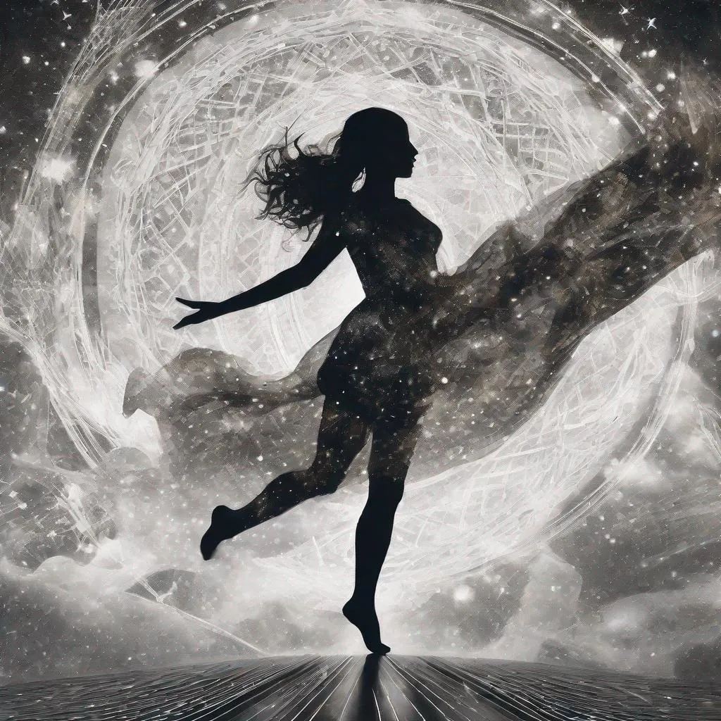 Prompt: A creative and unique take on the double exposure technique, this prompt features a woman gracefully dancing in front of a stunning nebula, her silhouette taking on the intricate patterns of an Escher drawing. The contrast between the delicate movements and the cosmic chaos is visually striking and captivating.