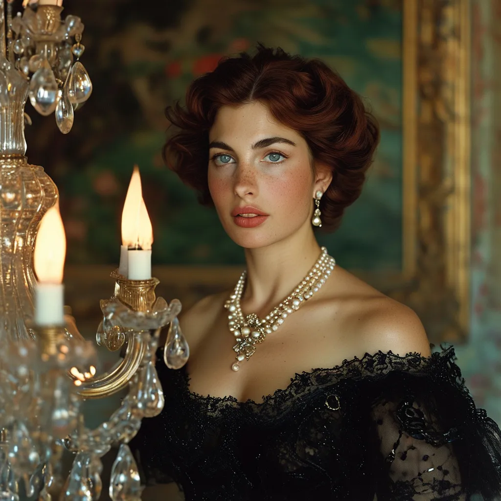 Prompt: a woman in a black dress and pearls and a chandelier with candles in the background and a chandelier in the foreground, Annie Leibovitz, romanticism, elegance, a still life