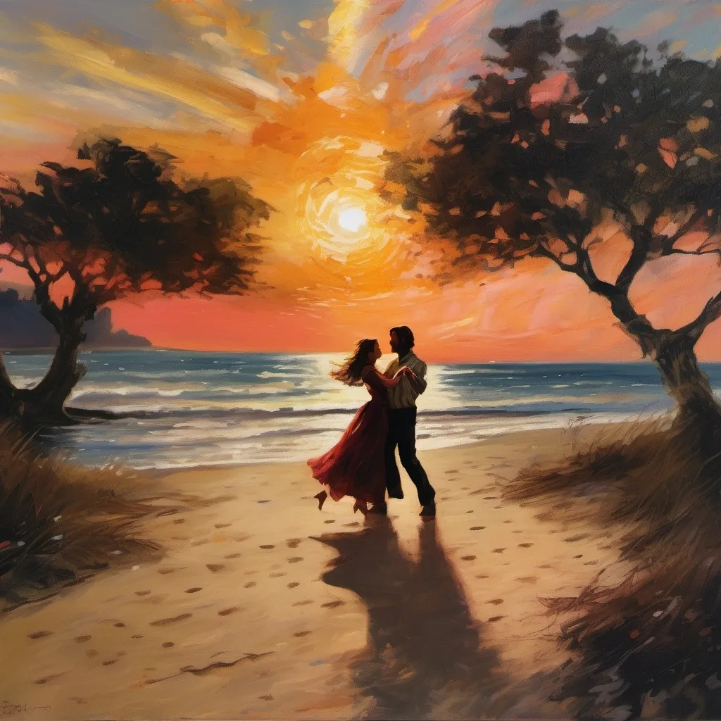 Prompt: a man and a woman are dancing on the beach at sunset with the sun setting in the background and trees in the foreground, Claire Hummel, neo-romanticism, film, an impressionist painting, man twirling the woman with one holding 
hand