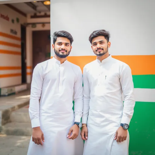 Prompt: Two young men stand side by side against a sunlit wall painted in light colors, suggesting a warm day in an outdoor setting. Dressed in crisp white traditional attire, their clothing is complemented by modern wristwatches, blending cultural heritage with contemporary style. The background features a simple structure marked with the word "अंदर" (meaning "inside" in Hindi) and stripes of orange and green, possibly representing a local school or community space. The expressions of the young men convey confidence and camaraderie, evoking a sense of youthful energy and community spirit in this vibrant environment.