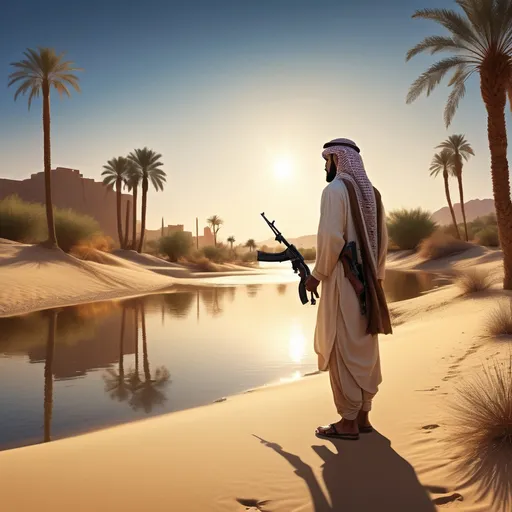 Prompt: desert scene with a wide river, palm trees lining the banks, warm golden sand underfoot, tranquil water reflecting the azure sky, an arab figure in traditional clothing standing in the foreground, facing away, holding an AK47, sun setting in the distance casting dramatic shadows, serene yet tense atmosphere, ultra-detailed, HD quality